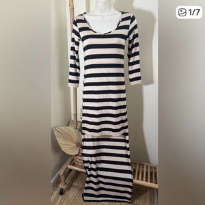 Elegant Black and Cream Striped High Low Dress